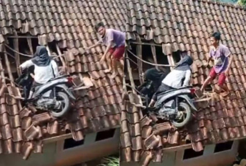 Viral! Dua Gadis Ngabuburit Naik Honda Vario 110 Nyungsep ke Atap Rumah Warga